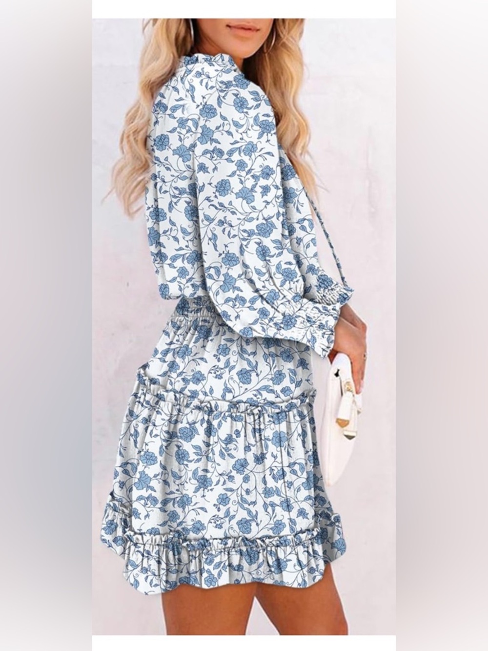 Long-Sleeve Blue Floral Mini Dress with Smocked Waist - Picture 2 of 7